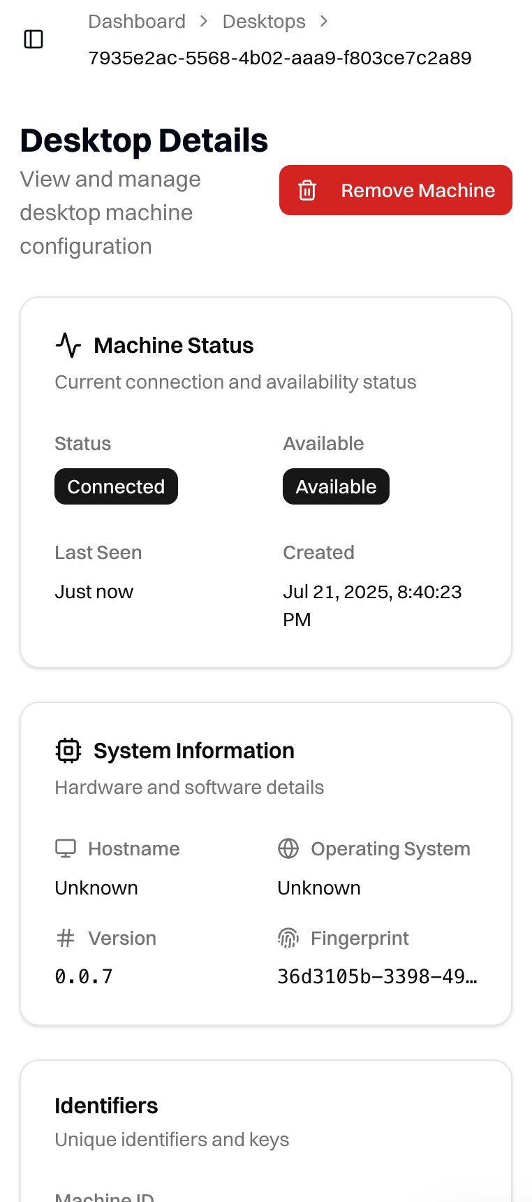 Desktop management dashboard